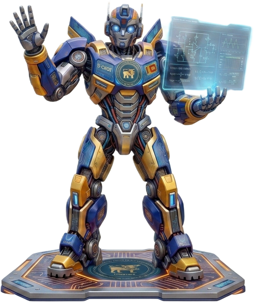 Blue and gold humanoid robot waving, holding a glowing holographic display